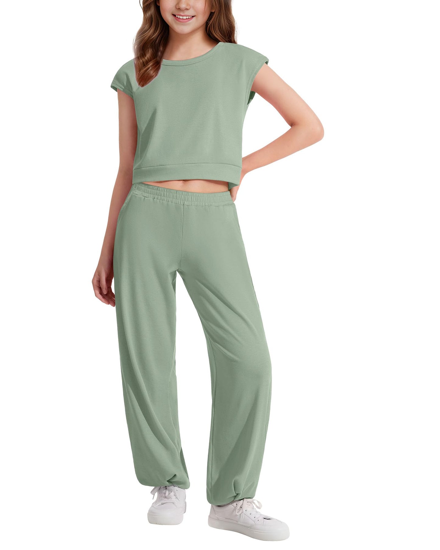Witwot Girls Clothes Outfits 2 Piece Kids Girls Clothing Sets Summer Cute Outfits Crop Top Sweatpants 5-14 Years Grayish Green 5-6 Years