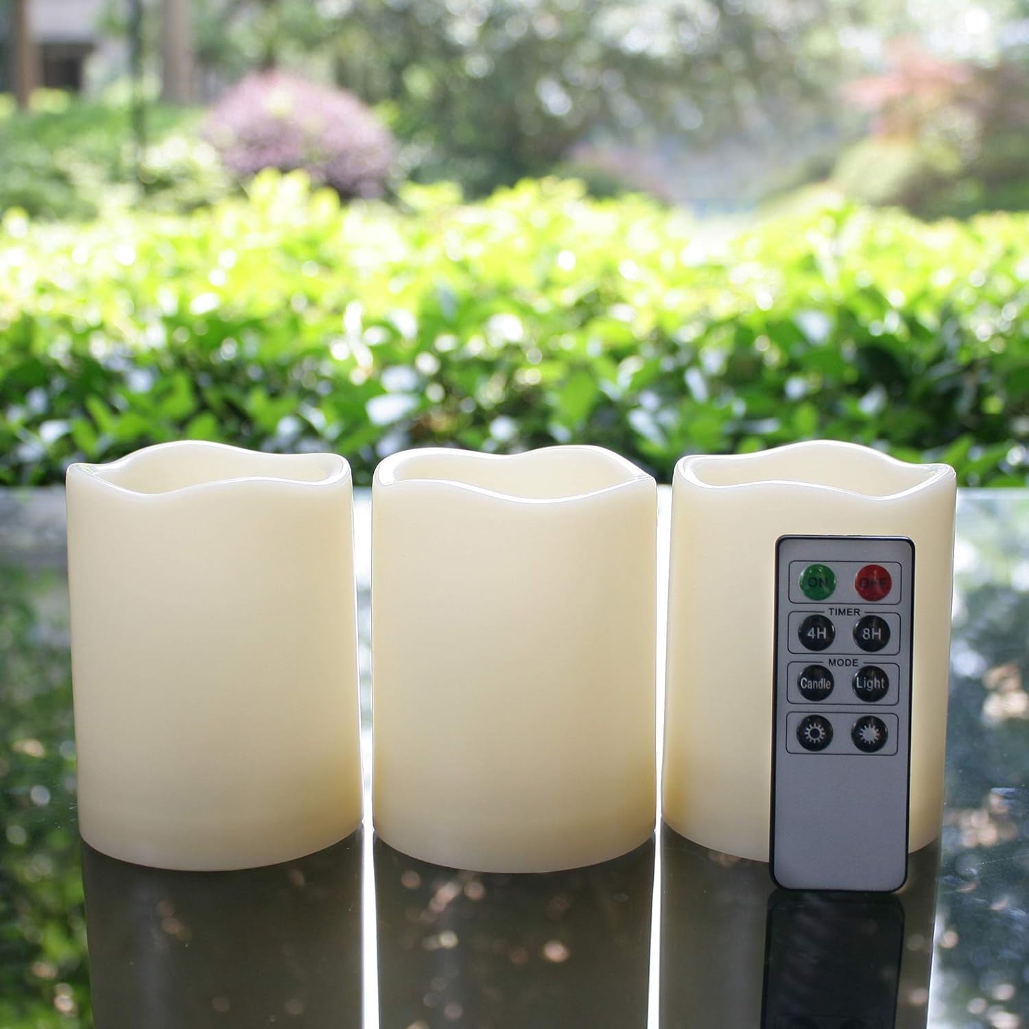 Outdoor Waterproof Battery Operated Flameless LED Pillar Candles | Plastic Flickering Electric Candles with Remote Timer Resin Decorative Lights for Xmas Christmas Wedding Party Decor 3 PCS