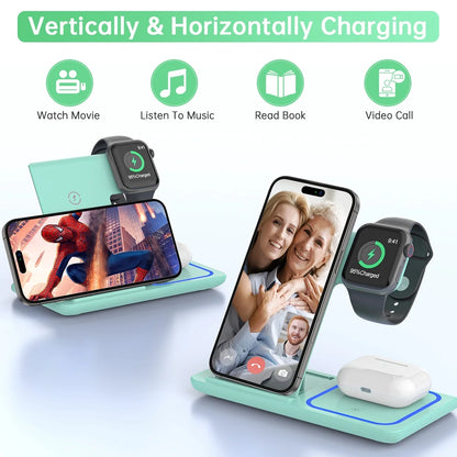 Wireless Charger, 18W 3 in 1 Wireless Charging Station for Iphone 17 16E 15 14 13 12 Pro, Fast Charger Stand for Iwatch SE 9-11 6-8 2-5, Airpods 4/3/2/Pro, Samsung Galaxy Seires (Green)