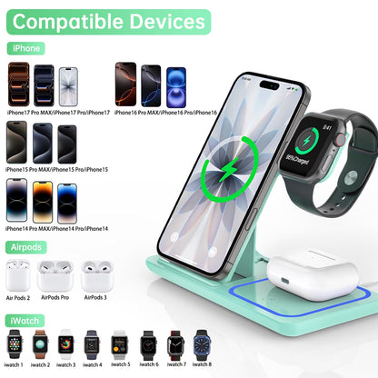 Wireless Charger, 18W 3 in 1 Wireless Charging Station for Iphone 17 16E 15 14 13 12 Pro, Fast Charger Stand for Iwatch SE 9-11 6-8 2-5, Airpods 4/3/2/Pro, Samsung Galaxy Seires (Green)